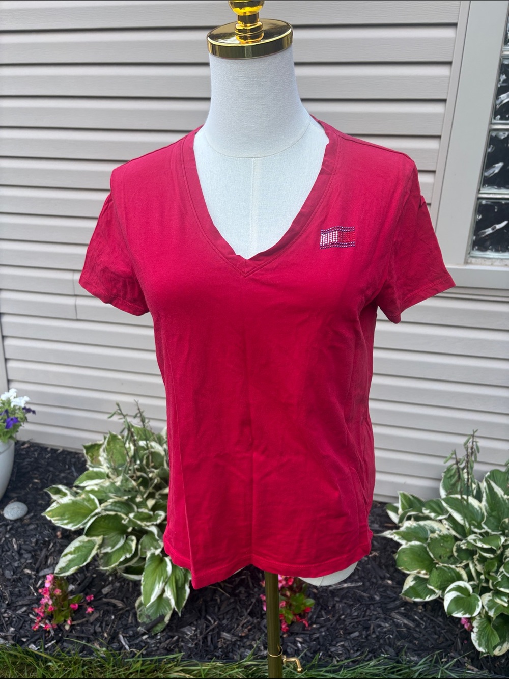 Tommy Hilfiger Deep Red V-Neck Tee with Rhinestone Flag